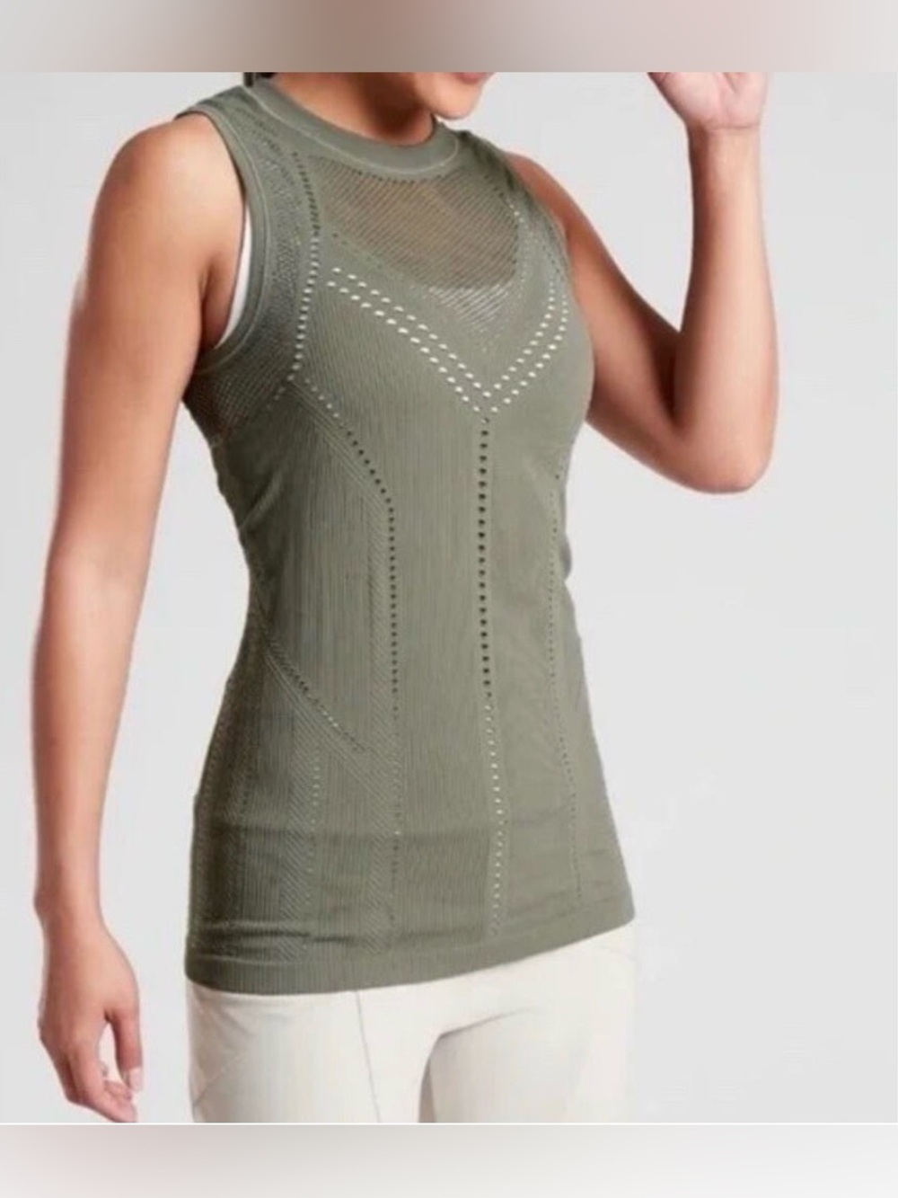 Athleta Oxygen Tank Top Small Green Olive Seamless Mesh Performance Workout